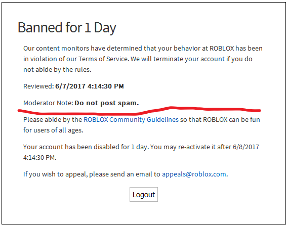 Roblox Moderation Message Things Not The Notes Fandom - how to reactivate your roblox account after being banned for 7 days