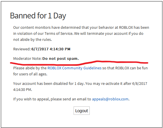 Roblox Moderation Message Things Not The Notes Fandom - and you're not roblox