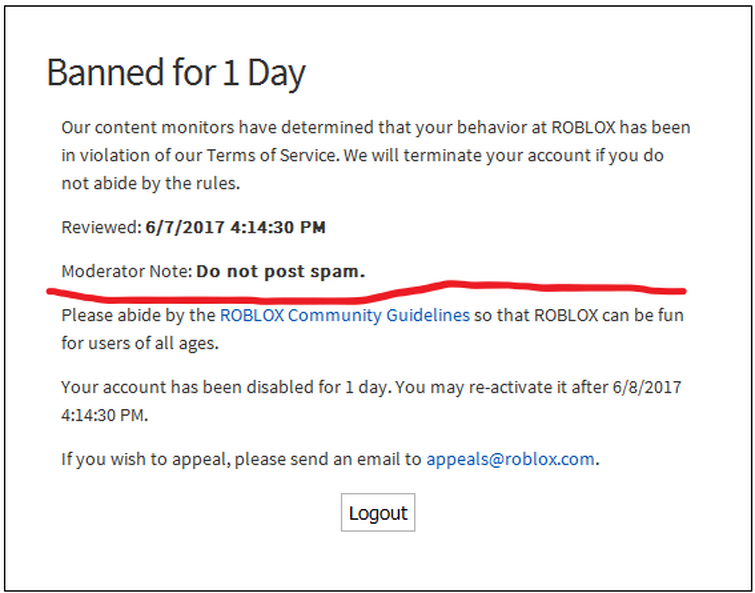 Roblox Moderation Message Things Not The Notes Fandom - how to logout of your roblox account