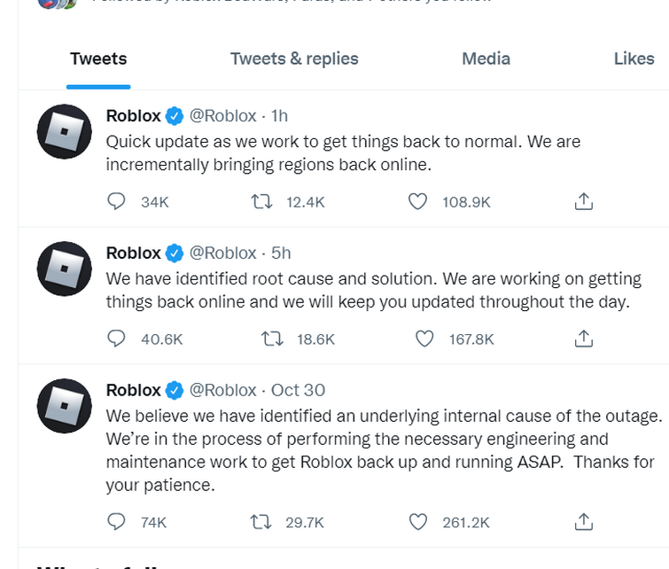 Twitter post about roblox going down