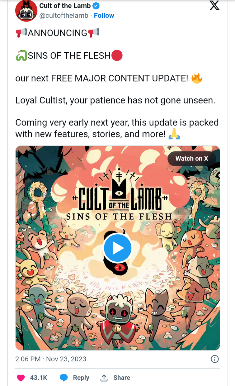 The “Next Free Major Content Update” from Cult of the Lamb is Sins of the  Flesh – Load the Game