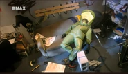 "The impact is the hardest. The nitrous oxide has used up the oxygen in the suit and Jimmy goes black forever. This laugh was unfortunately Jimmy's last." - Jimmy's deserved demise for doing what a hazmat removal worker is NOT allowed to do: getting voluntarily intoxicated by nitrous oxide