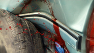 Close-up of Toby bleeding out of the rear left fender