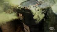 The consequence of Hadal's mishandling of the AK-47; a chemical gas starts spewing out of the "hummus barrel" he accidentally shot, which leads to the climax of this segment