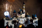 Disneyland Castle in a "101 Dalmatians" theme in the Halloween fireworks show.