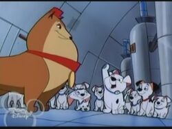 The Dalmatians' tour of the "Kanine Krunchies" factory, with Rolly asking a question.