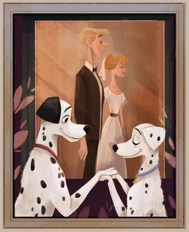 Wedding day photo of Pongo, Perdita, and their humans.