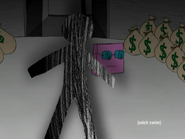 The Rectangular Businessman and The Shadowy Figure inside a room with bags of money