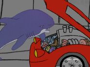 Shark checking the insides of his red car