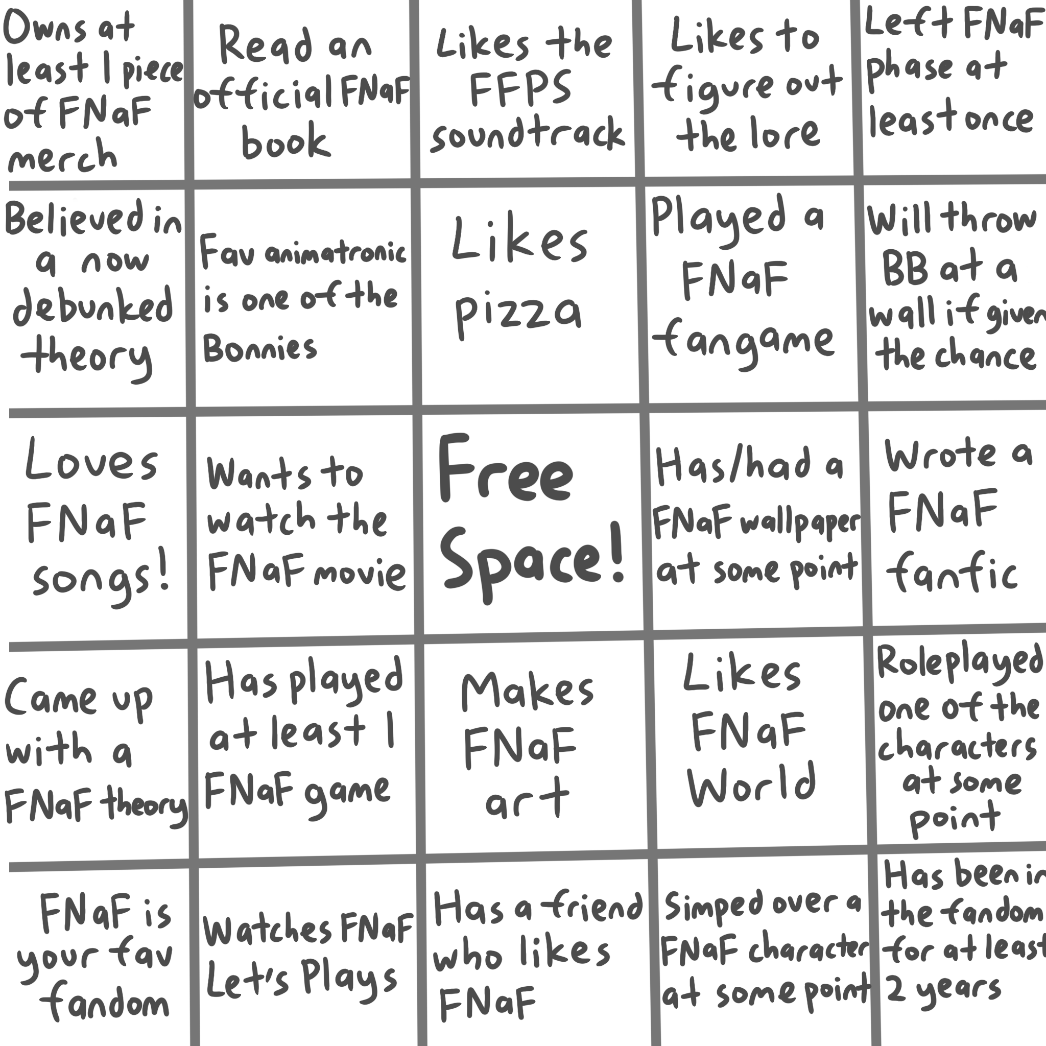 Filme FNaF Bingo Card