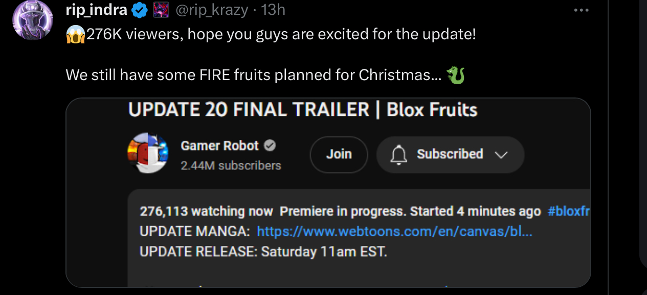 enyoo on X: 69K live viewers, never in my life would I have thought. Thank  you Blox Fruits update 20 that still isn't here yet   / X