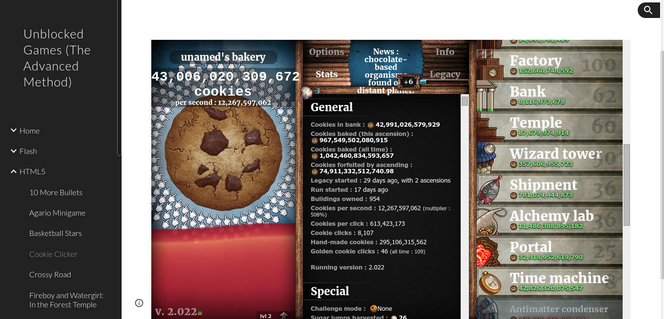 I used the cookie clicker hack on unblocked games (the advanced