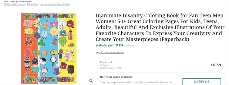 Inanimate Insanity Coloring Book for Fan Teen Men Women: 50+ Great ...
