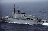 A port quarter view of the Italian frigate ZEFFIRO (F 577) underway (sailing) in 1988.