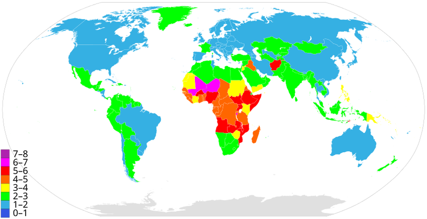 A world map showing countries by fertility rate.