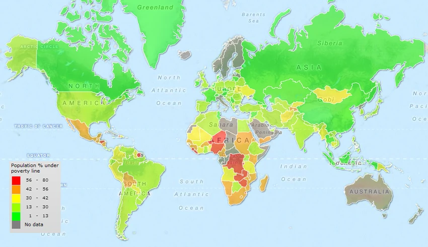 Percentage_population_under_povertty_line.png Map of world poverty by country, showing percentage of population living below the national poverty line. Based on data from the CIA World Factbook.