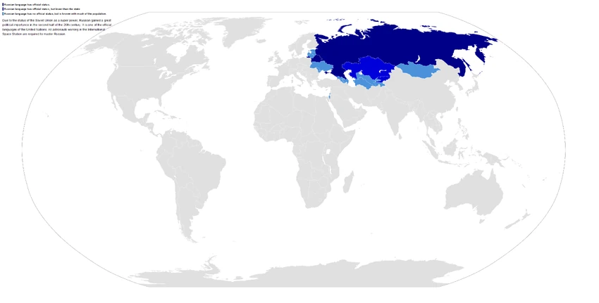 2009 Russian language map. Dark blue= Russian language has official status. Mid blue= Russian language has official status, but lower than the state. Light blue= Russian language has no official status, but is known with much of the population. Author: Wiki Commons User:NuclearVacuum.