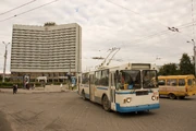 Murmansk trolleybus Ziu-682 with Hotel Arctic in the background.
