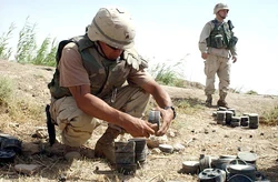 U.S. Army Sgt. Kirk Medina, from 759th Explosive Ordinance Disposal, out of Fort Erwin, Calif., attached to the 3rd Infantry Division (Mechanized), removes fuse from a Russian-made mine, while working together with soldiers from A Company, 10 Engineer Battalion, 2nd Brigade, 3rd Infantry Division, to clear a mine field outside of Fallujah, Iraq, during Operation Iraqi Freedom, June 25, 2003. Since the end of the war in Iraq, a major objective for A Company has been the collection and disposal of Iraqi munitions.