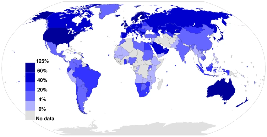 A world map coloured to show the level of Mobile Broadband Internet penetration in 2012 (number of subscriptions as a percentage of a country's population).