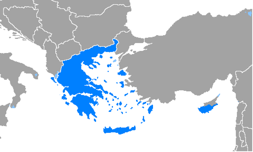 Dark blue- Where is de jure e de facto official. (Republic of Cyprus and  Greece). Light blue- Where is unofficially spoken.