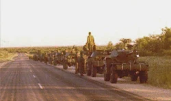 Some Eland armoured cars of Regiment Windhoek en route from Grootfontein to Etalein 1978.