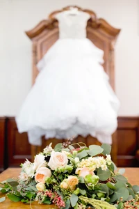 Kendra's dress and bouquet.