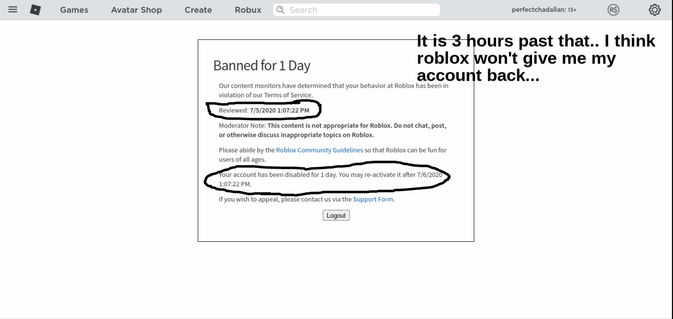 My roblox account has been disabled for a day.