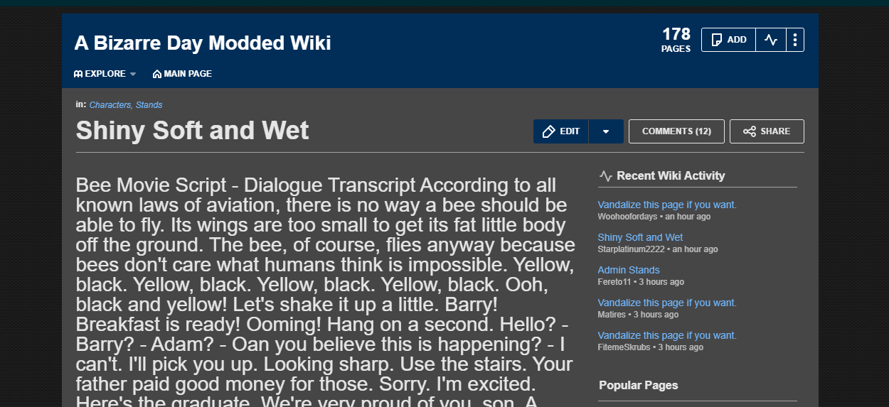 Someone Just Put The Bee Movie Script On A Abdm Wiki Page Fandom - roblox a bizarre day script 2020