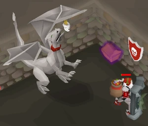 A Treasure Room steel dragon attacking with dragonfire.