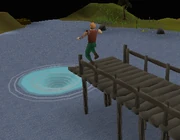 Jumping the whirlpool in order to enter the cavern.