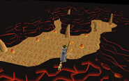 A player fishing for infernal eels. Incubating TzHaar eggs can be seen in the lava throughout the city.