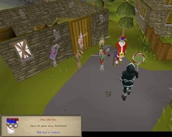 The Wise Old Man "rescues" the pixies from the player, who is disguised as Anti-Santa.