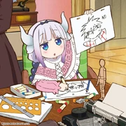 Kanna from Miss Kobayashi's Dragon Maid seen with drawings of Kihachi and Inako.