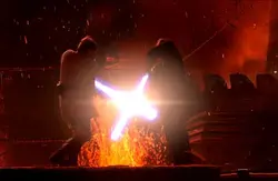Obi-Wan Kenobi and Darth Vader duel on Mustafar.