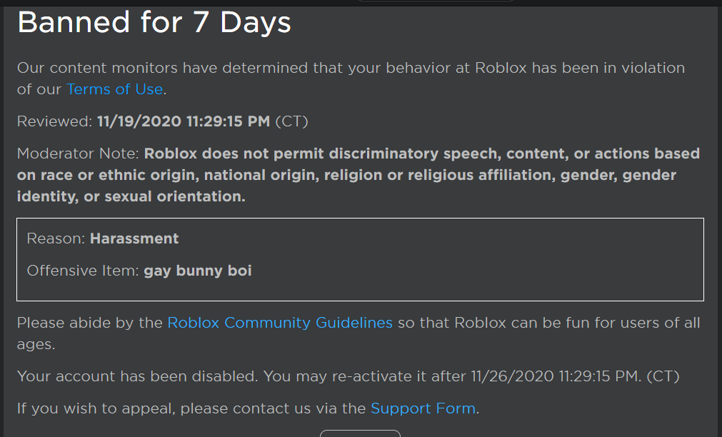 Wow Apparently I Got Banned From Roblox For 7 Days Because I Called My Brother A Gay Bunny Boi Fandom - roblox account got banned