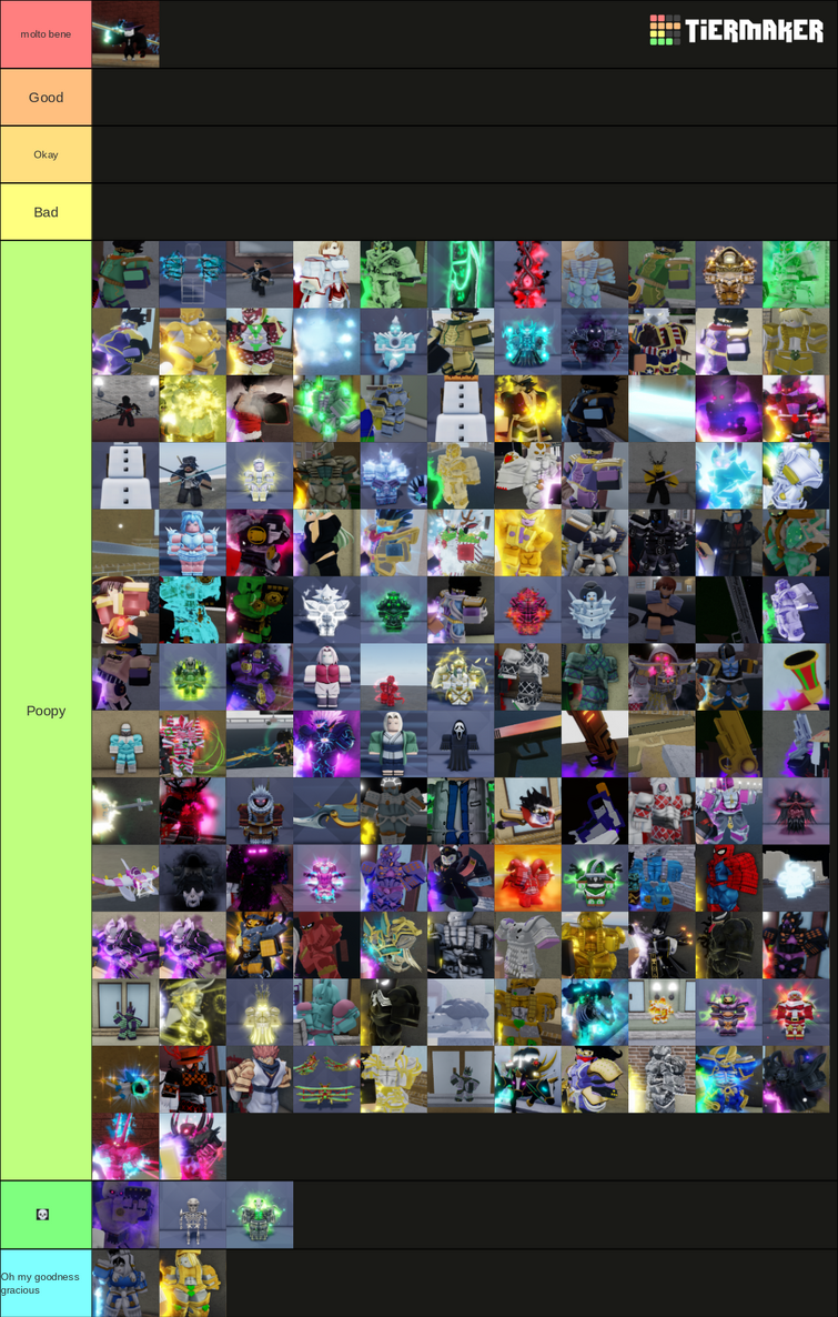 As someone who has not aged YBA much at all. Here's my tier list on skins  based off of how cool I think they look : r/YourBizarreAdventure