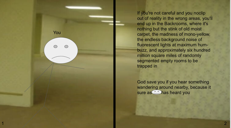 If you're not careful and you noclip out of reality in the wrong areas,  you'll end up in the Backrooms, where it's nothing but the stink of old  moist carpet, the madness