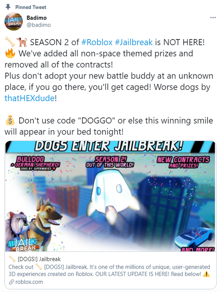 What Is The Twitter Code For Roblox Jailbreak - roblox jailbreak code wiki