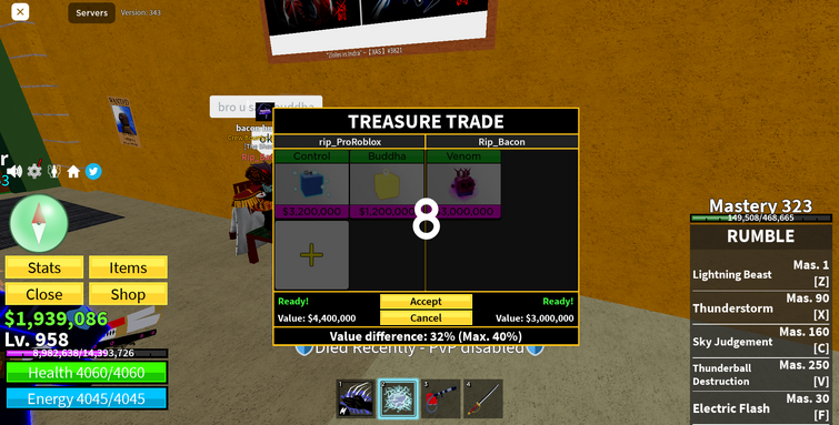 Rumble, Trade Roblox Blox Fruits Items