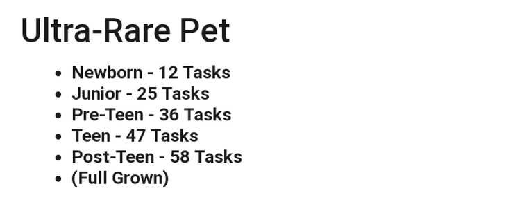 how many tasks does it take to age up a rare pet?