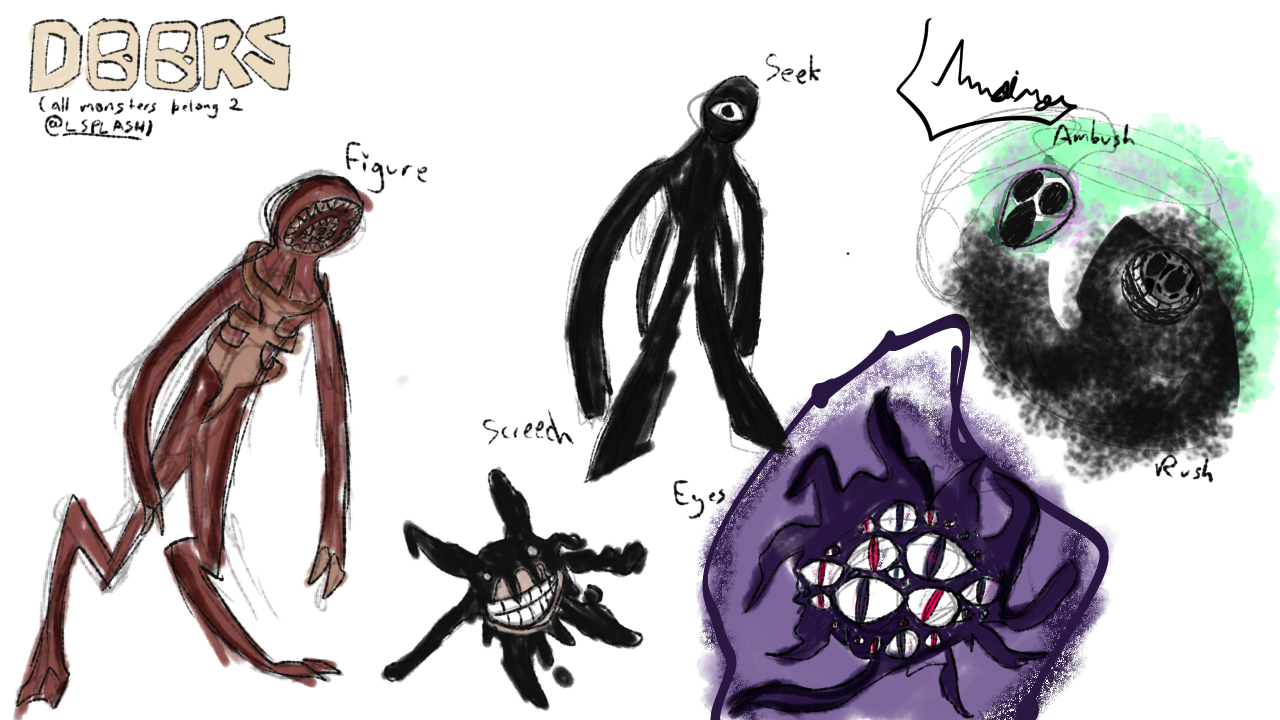 Drew some DOORS monsters. Added a few changes to their designs.