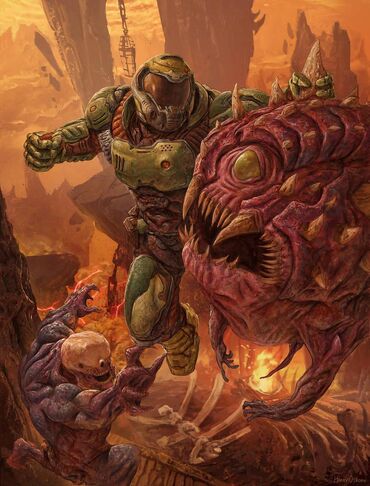 Doom Slayer got transported somehow to the fanf security breach universe.  What would Doom Slayer do to the animatronics that were trying to kill  Gregory and would he leave Freddy alone? 