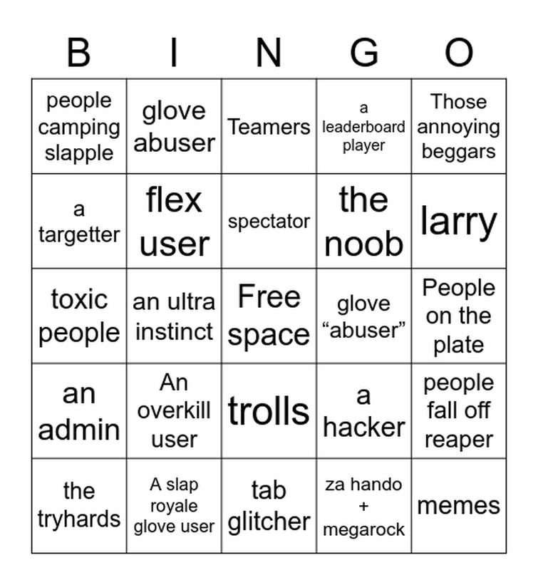 Toxic Roblox Bingo Card