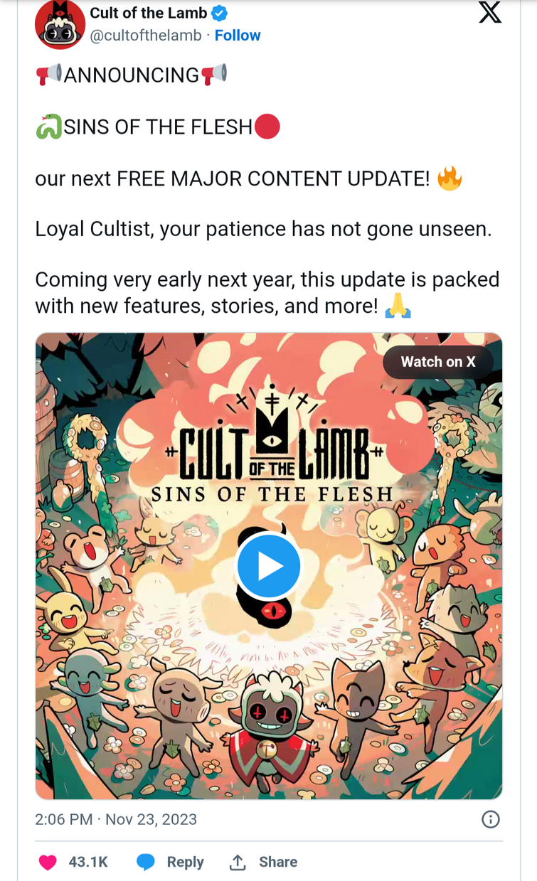 Cult of the Lamb recebe atualização gratuita em 2023