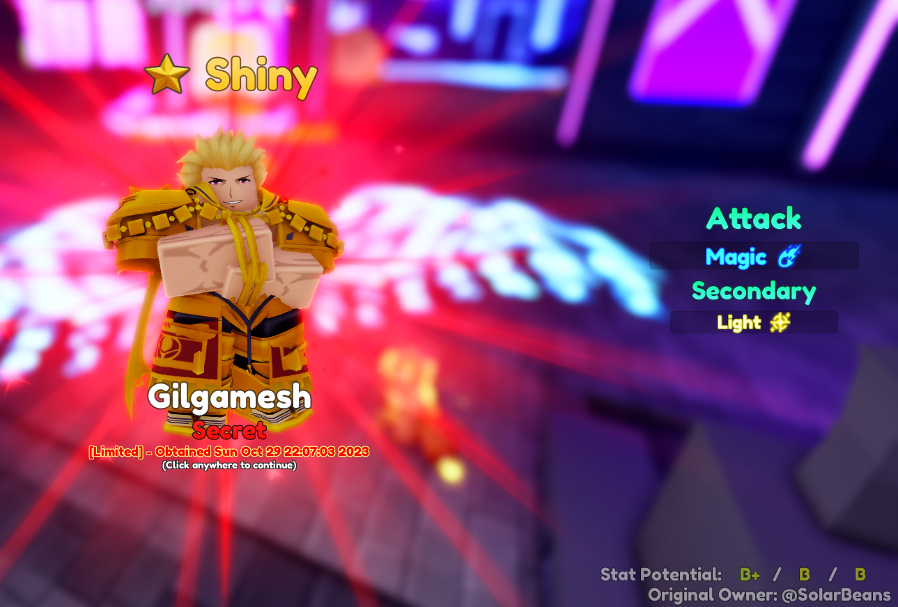 Anime Adventures Roblox Shiny/Unobtainable/Limited Units (GILGAMESH ADDED)