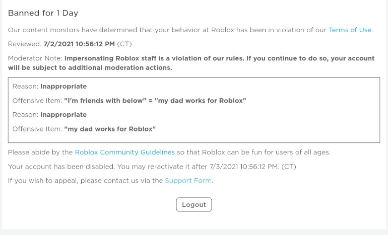 My roblox account has been disabled for a day.