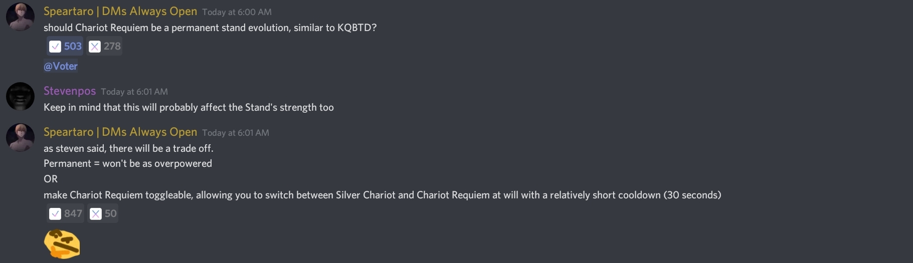 They Had A Poll About Chariot Requiem Fandom - roblox evolve discord