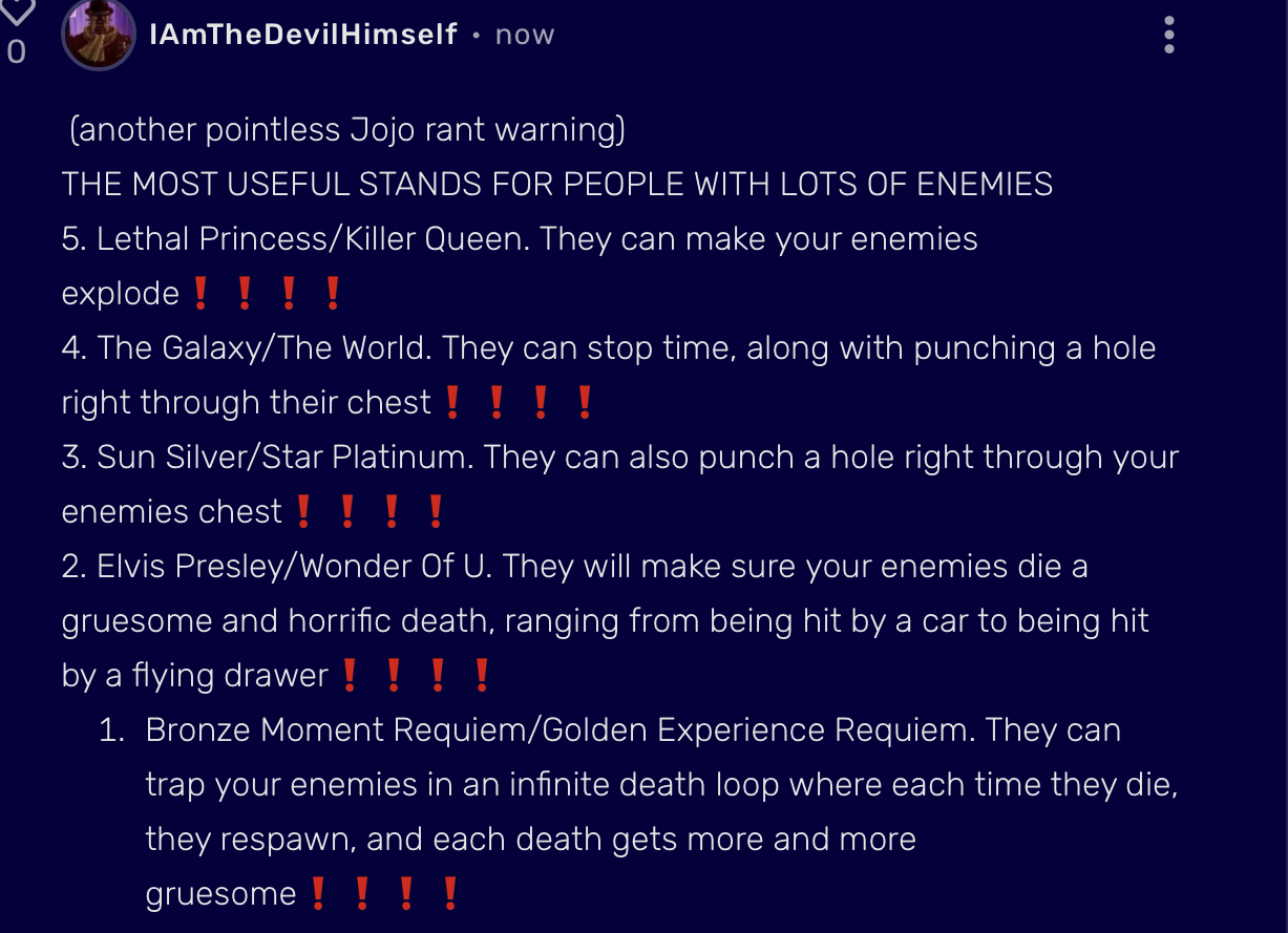 THE MOST USEFUL STANDS FOR PEOPLE WITH LOTS OF ENEMIES (from my limited