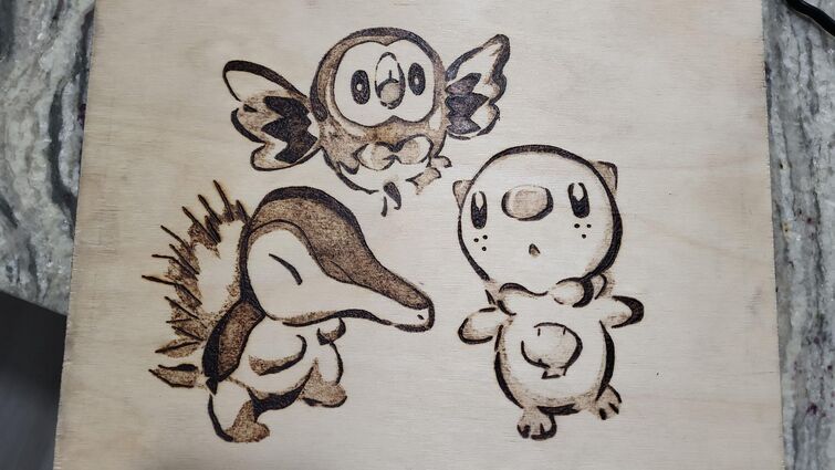 Pyrography I made of the starters for Pokemon legends Arceus